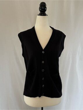 Toscano Italy Merino Wool Sweater Vest Black Minimalist Luxury Grandpa Core Med